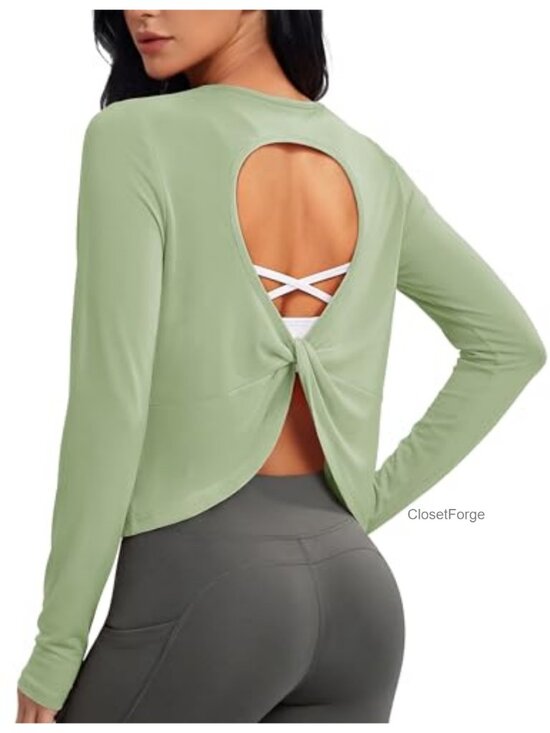 Tops - Open Back Crop Top Long Sleeve Boat Neck Yoga Shirt with Thumb Holes